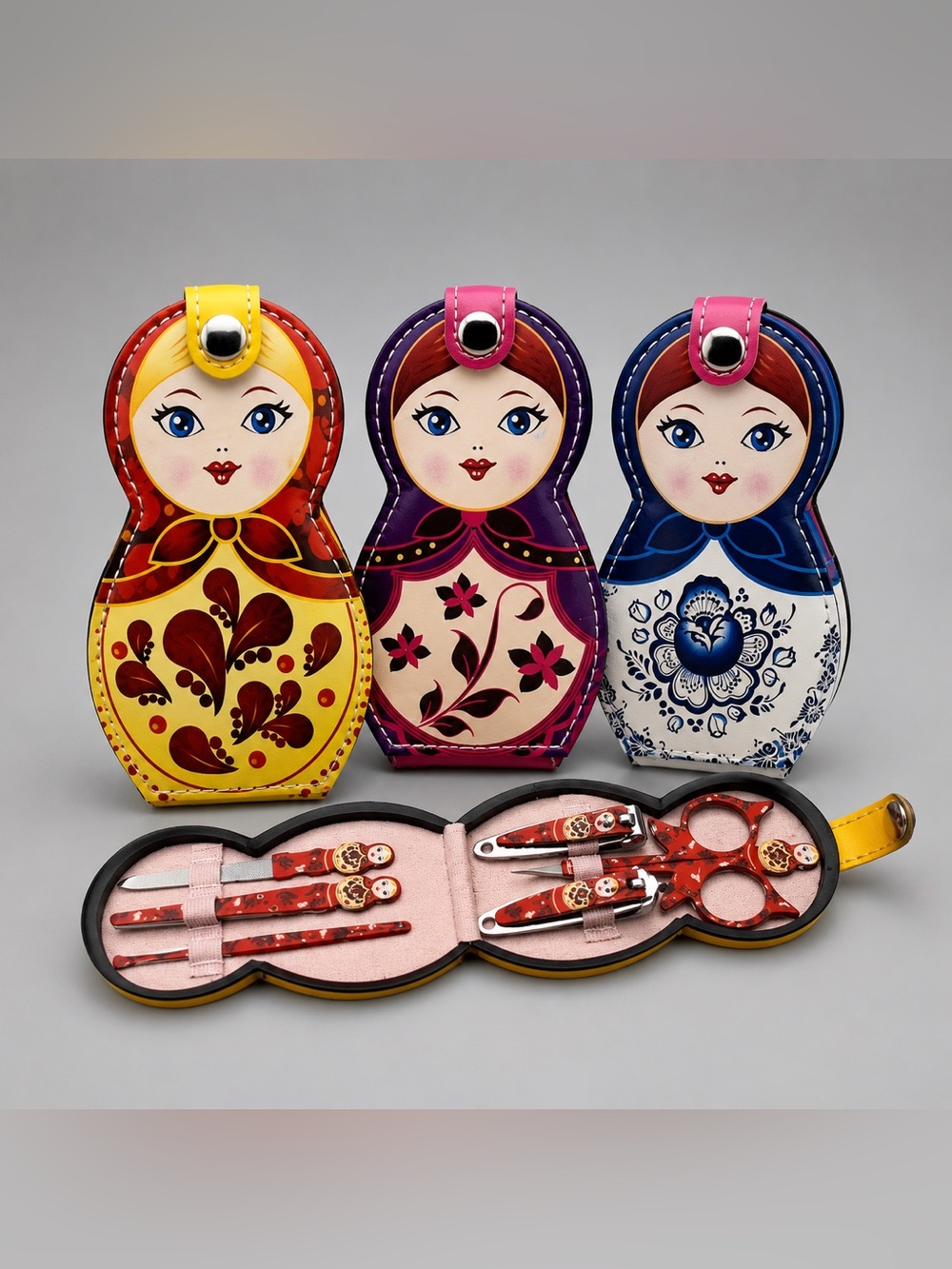 Russian Doll Manicure Set Matryoshka Nail Kit Travel Case - Red, Blue & Purple🪆